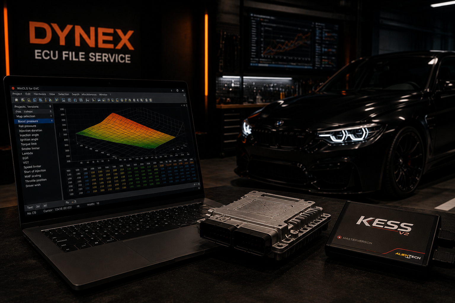 Professional ECU remapping workstation with laptop displaying calibration maps, ECU module, diagnostic cables and performance car in dark cinematic automotive workshop